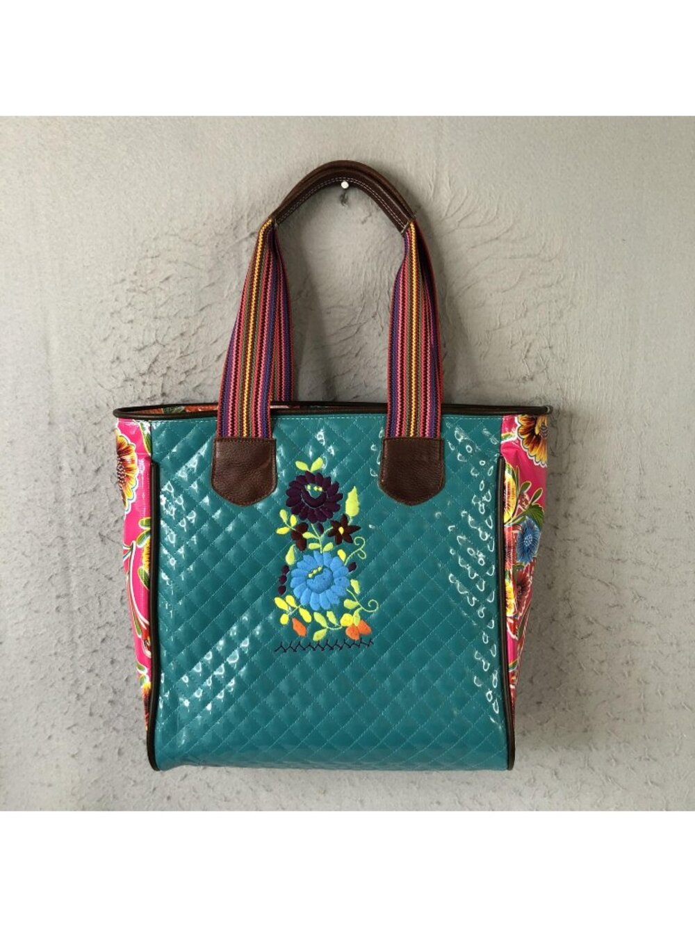 Consuela Tote Bag Womens Large Teal Floral Vinyl Leather Embroidered Boho